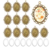 Aysatogc 60 Pcs Gold Pendant Trays Kit, 30Pcs Large Oval Pendant Trays with 10 Glass Cabochons for Bridal Wedding Bouquet Graduation Photo Charm Making DIY (25x18mm)