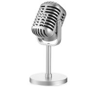 Aysatogc Retro Microphone Prop Model, Fake Microphone with Stand Plastic Pretend Mic Vintage Stage Table Decor for Party, Podcast Event, Role Play, Jukebox Decorations (Silver)