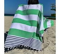 Aysesa ShoreSecrets Collection: Sandproof Beach Towel with Hidden Pocket - Natural Turkish Cotton - Made in Turkey - 6’3 Long (PalmParade Green Stripes)