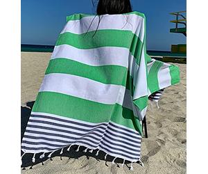 Aysesa ShoreSecrets Collection: Sandproof Beach Towel with Hidden Pocket - Natural Turkish Cotton - Made in Turkey - 6’3 Long (PalmParade Green Stripes)