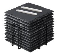 AYSUM 12 Pcs 4Inch Slate Coasters Bulk Square Stone Coasters, Black Slate Drink Coasters with Metal Holder for Bar, DIY, Kitchen, Home Decor
