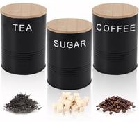 AYSUM Tea Coffee & Sugar Canisters Set of 3, Kitchen Storage Tins Storage Jar Container Set With Airtight Bamboo Lid, Black - Round Jars