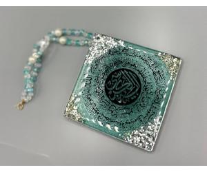 Aytul Kursi and Safar Duaa HandMade Silver Resin Car Rear Mirror Pendant Hanging Accessories Islam Muslim Resin Art (Sea Green - Sqaure)