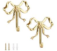 Ayuanb 2 Pcs Bow Wall Hooks Gold, Bow Knot Coat Hook, Key Hooks, Decorative Wall Mounted Metal Holdbacks, Modern Bow Wall Holders for Hanging Curtains Other Items in Living Room Bedroom Office Home