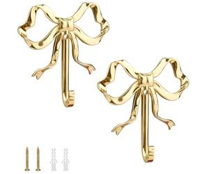 Ayuanb 2 Pcs Bow Wall Hooks Gold, Bow Knot Coat Hook, Key Hooks, Decorative Wall Mounted Metal Holdbacks, Modern Bow Wall Holders for Hanging Curtains Other Items in Living Room Bedroom Office Home
