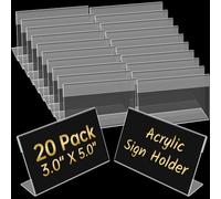 Ayuanb 20 Pcs Acrylic Sign Holder 3x5 Inch, Horizontal Clear Sign Holders, L-Shape Acrylic Paper Holder, Plastic Sign Holder Display Stand for Business, Classroom, Office, Retail Store, Restaurant