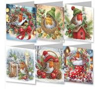 AYUCHYN ART 6 Pack Christmas Mixed Greeting Cards Robin | 5D DIY Diamond Painting Crystal Art Cards Making Kit with Envelopes & Full Tools | Xmas Cards Gift Postcards for Handmade 30×15cm (Robin)