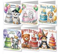 AYUCHYN ART 6 Pack Happy Birthday Mixed Greeting Cards Animal | 5D DIY Diamond Painting Crystal Art Cards Making Kit with Envelopes & Full Tools | Xmas Cards Gift Postcards for Handmade 30*15cm (Cake)