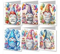 AYUCHYN ART 6 Pack Happy Birthday Mixed Greeting Cards Gnome | 5D DIY Diamond Painting Crystal Art Cards Making Kit with Envelopes & Full Tools | Xmas Cards Gift Postcards for Handmade 30×15cm (Gnome)