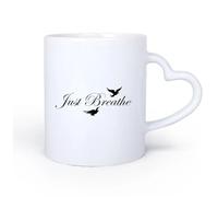 AYUEHBN Ceramic Heart-Shaped handleCeramic Cup Just Breathe Quote Inspirational Words Motivational Yoga Center Meditation 11oz/320ml for Home and Office