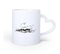AYUEHBN Ceramic Heart-Shaped handleLarge Mugs for Hot Drinks Wind Waves Bird Seascape Sketch Ocean 11oz/320ml Great for Home, Office, Cafes, Gift Ideas