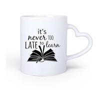 AYUEHBN Ceramic Heart-Shaped handleMug, Coffee/Tea Cup Library Book Study Quote It's Never Too Late to Learn 11oz/320ml and Microwave-Safe