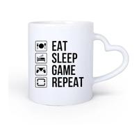 AYUEHBN Ceramic Heart-Shaped handleStoneware Cups for Coffee, Tea, Eat Sleep Game Repeat Gamer 11oz/320ml Humorous Gift for Coffee Lovers, Work Besties, Coworkers & Friends