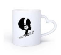 AYUEHBN Ceramic Heart-Shaped handleTea and Coffee Cups Music On World Off Inspirational Quote Words African Girl Headphones 11oz/320ml Dishwasher Safe
