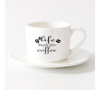 AYUEHBN Ceramic Mug Cup Lettering Quote Life Begins After Coffee Shop （6oz/175ml） Ceramic Coffee Mug for Cappuccino Tea, Milk,，Sets Tea Cup with Saucers (White)