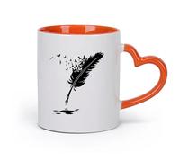 AYUEHBN Ceramics Coffee & Hot Drinks Feather Ink Writing Utensil Birds Patterns （11oz/320ml） Cappuccino, Latte Macchiato, Tea, Espresso Orange