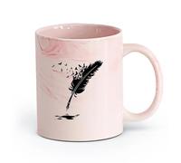 AYUEHBN Ceramics Coffee & Hot Drinks Feather Ink Writing Utensil Birds Patterns （11oz/320ml） Cappuccino, Latte Macchiato, Tea, Espresso Marble Pink