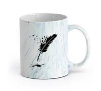 AYUEHBN Ceramics Coffee & Hot Drinks Feather Ink Writing Utensil Birds Patterns （11oz/320ml） Cappuccino, Latte Macchiato, Tea, Espresso Marble Blue