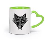 AYUEHBN Ceramics Coffee Milk Tea Ceramic Mugs Wild Wolf Celtic Animal Head Ornament （11oz/320ml） for Tea, Coffee & Hot Drinks Green
