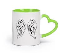 AYUEHBN Ceramics Cups with Comfortable Handle Wings Angel Flight Time to Fly Phrase （11oz/320ml） for Tea Coffee Hot Brew Green