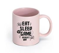 AYUEHBN Ceramics Durable Mugs Eat Sleep Game Repeat Play Joystick Gaming Room （11oz/320ml） Humorous Gift for Coffee Lovers, Work Besties, Coworkers & Friends Pink