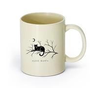 AYUEHBN Ceramics Home and Office Mugs Words Good Night Cat on a Branch Moon （11oz/320ml） for Coffee, Soup, Tea, Milk, Latte, hot Cocoa, Ladies, Men Light Yellow
