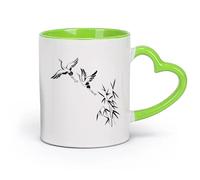 AYUEHBN Ceramics Large Mugs for Hot Drinks Cranes Bamboo Asian Birds Japanese （11oz/320ml） Cappuccino, Latte Macchiato, Tea, Espresso Green