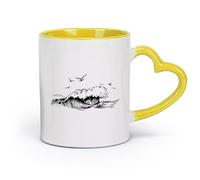 AYUEHBN Ceramics Large Mugs for Hot Drinks Wind Waves Bird Seascape Sketch Ocean （11oz/320ml） Great for Home, Office, Cafes, Gift Ideas Yellow