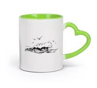 AYUEHBN Ceramics Large Mugs for Hot Drinks Wind Waves Bird Seascape Sketch Ocean （11oz/320ml） Great for Home, Office, Cafes, Gift Ideas Green