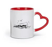 AYUEHBN Ceramics Large Mugs for Hot Drinks Wind Waves Bird Seascape Sketch Ocean （11oz/320ml） Great for Home, Office, Cafes, Gift Ideas Red