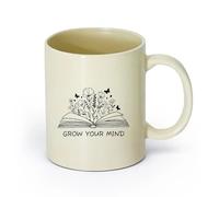 AYUEHBN Ceramics Mug - Ceramic Grow Your Mind Library Slogan Open Book Flowers （11oz/320ml） Great for Home, Office, Cafes, Gift Ideas Light Yellow
