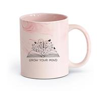 AYUEHBN Ceramics Mug - Ceramic Grow Your Mind Library Slogan Open Book Flowers （11oz/320ml） Great for Home, Office, Cafes, Gift Ideas Marble Pink