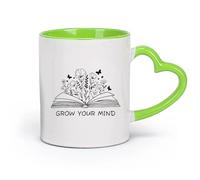 AYUEHBN Ceramics Mug - Ceramic Grow Your Mind Library Slogan Open Book Flowers （11oz/320ml） Great for Home, Office, Cafes, Gift Ideas Green