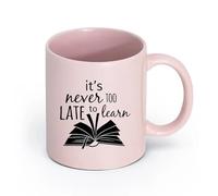 AYUEHBN Ceramics Mug, Coffee/Tea Cup Library Book Study Quote It's Never Too Late to Learn （11oz/320ml） and Microwave-Safe Pink