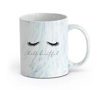 AYUEHBN Ceramics Porcelain Cup Hello Beautiful Closed Girl Eyes Eyelash Extensions （11oz/320ml） for Tea, Coffee & Hot Drinks Marble Blue