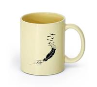 AYUEHBN Ceramics Porcelain Latte Tea Cup Bird Feather Fly Birds Patterns Writing （11oz/320ml） Great for Home, Office, Cafes, Gift Ideas Beige