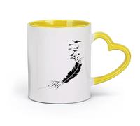 AYUEHBN Ceramics Porcelain Latte Tea Cup Bird Feather Fly Birds Patterns Writing （11oz/320ml） Great for Home, Office, Cafes, Gift Ideas Yellow