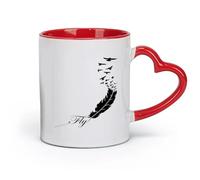 AYUEHBN Ceramics Porcelain Latte Tea Cup Bird Feather Fly Birds Patterns Writing （11oz/320ml） Great for Home, Office, Cafes, Gift Ideas Red