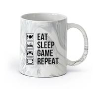 AYUEHBN Ceramics Stoneware Cups for Coffee, Tea, Eat Sleep Game Repeat Gamer （11oz/320ml） Humorous Gift for Coffee Lovers, Work Besties, Coworkers & Friends Marble Black