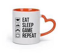 AYUEHBN Ceramics Stoneware Cups for Coffee, Tea, Eat Sleep Game Repeat Gamer （11oz/320ml） Humorous Gift for Coffee Lovers, Work Besties, Coworkers & Friends Orange