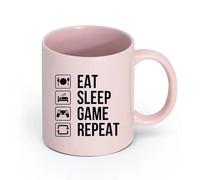 AYUEHBN Ceramics Stoneware Cups for Coffee, Tea, Eat Sleep Game Repeat Gamer （11oz/320ml） Humorous Gift for Coffee Lovers, Work Besties, Coworkers & Friends Pink