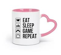 AYUEHBN Ceramics Stoneware Cups for Coffee, Tea, Eat Sleep Game Repeat Gamer （11oz/320ml） Humorous Gift for Coffee Lovers, Work Besties, Coworkers & Friends Pink