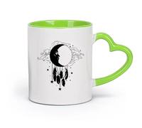 AYUEHBN Ceramics Stoneware Cups for Coffee, Tea, Moon Face Feather Dreamcatcher （11oz/320ml） Office, Home, Café, Dishwasher & Microwave Safe Green