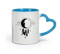 AYUEHBN Ceramics Stoneware Cups for Coffee, Tea, Moon Face Feather Dreamcatcher （11oz/320ml） Office, Home, Café, Dishwasher & Microwave Safe Blue