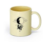 AYUEHBN Ceramics Stoneware Cups for Coffee, Tea, Moon Face Feather Dreamcatcher （11oz/320ml） Office, Home, Café, Dishwasher & Microwave Safe Beige