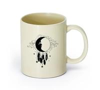 AYUEHBN Ceramics Stoneware Cups for Coffee, Tea, Moon Face Feather Dreamcatcher （11oz/320ml） Office, Home, Café, Dishwasher & Microwave Safe Light Yellow