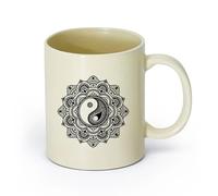 AYUEHBN Ceramics Tea Cup Mandala Circle Floral Ornament Yin Yang Zen Meditation （11oz/320ml） Cappuccino, Latte Macchiato, Tea, Espresso Light Yellow