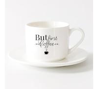 AYUEHBN Home and Office Mugs Cafe But First Coffee Words Phrase Drink （6oz/175ml） Great for Home, Office, Cafes, Gift Ideas，Sets Tea Cup with Saucers (White)