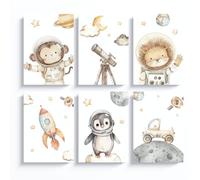ayurvana Set of 6 Space Nursery Wall Art Prints - Unframed A4 Posters with Astronaut Animals, Rocket, Telescope and Planets - Baby Room Decor for Boys and Girls Bedroom