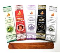 Ayurvedic Incense Sticks Gift Set with Wooden Holder - Dragon's Blood, White Sage, Oudh, Lavender & Basil Fragrances - Natural Masala Incense for Meditation, Relaxation & Home Fragrance